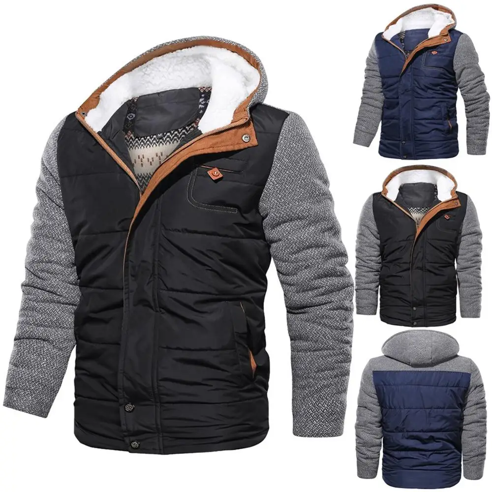 

Men's Winter Loose Stitching Cotton Coat Jacket Patchwork Hoodie Zipper Loose Outdoor Coat Top Blouse Warm Windproof #3C17