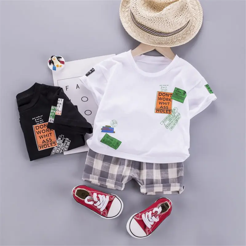 New Baby Boys Girls Clothes Summer Cotton Children letters T-shirt Denim Shorts 2Pcs/sets Infant Kids Fashion Toddler Tracksuits | Детская