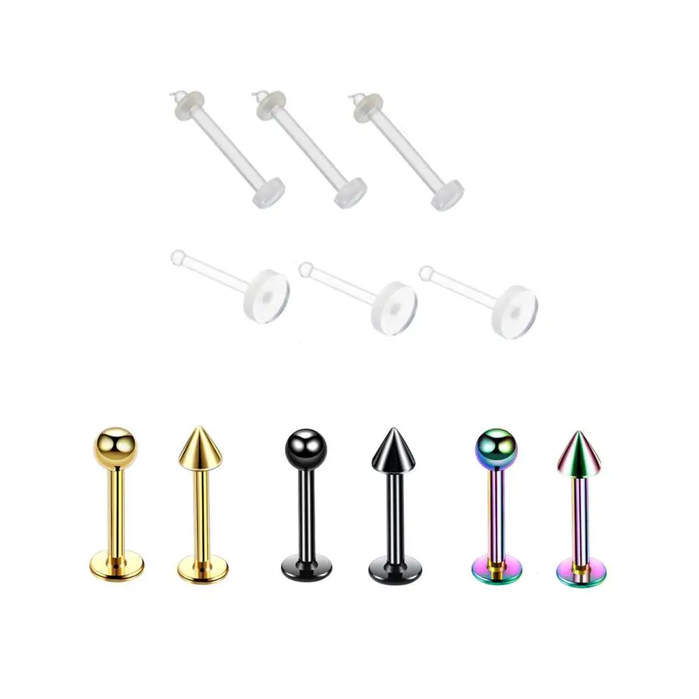 

6PCS/set 3 Colors Stainless Transparent BioFlex Lip Nails Earrings UV Soft Rod Lip Ring Nail Piercing Jewelry