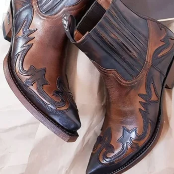 

2020 Men's New Fashion Pu Leather Cowboy Boots Med Heel Motorcycle Boots Casual High Quality Mens Boots Zapatillas Hombre D353