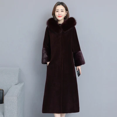 Wine red Женское зимнее толстое теплое меховое пальто размера плюс, Женская Длинная Верхняя одежда с капюшоном и воротником из лисьего меха, Высококачественная шуба из искусственного меха - Цвет: Wine red