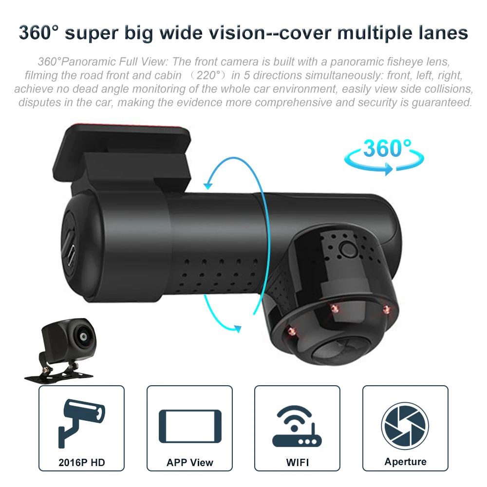 Камера Dashcam 360 градусов 1080P HD ночное видение WiFi Автомобильный видеорегистратор WiFi g-сенсор камера видео рекордер Английский Русский Голосовое управление