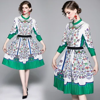 

Bornladies Fashion Runway 2 Two Pieces Set Autumn Women's Long Sleeve Floral Printed Blouses + Midi Pleated Skirt Sets Suits