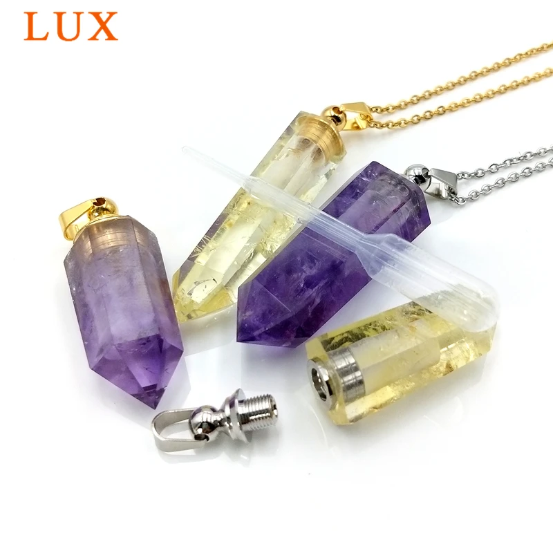 

Natural gems stone Perfume Bottle Essential Oil Diffuser hexagon prism pointed Necklace amethysts citrines Pendant for DIY