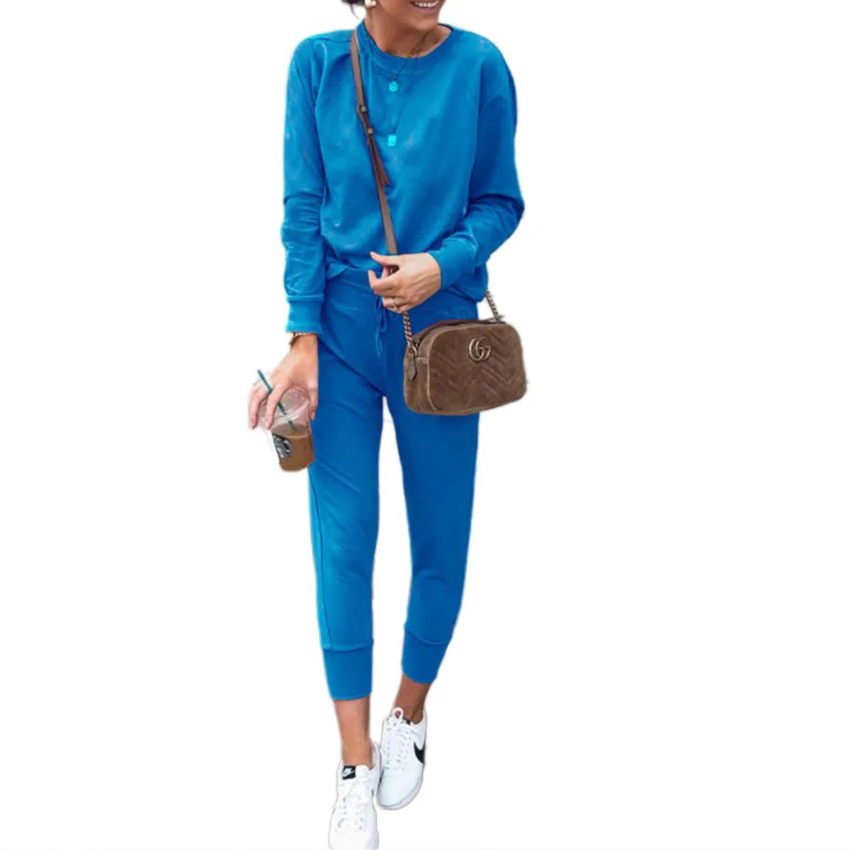 

2 Pieces Nightwear Set, Women s Solid Color Round Neck Long Sleeve Top and Trousers, S/M/L/XL/XXL