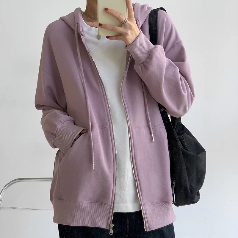 

AIYANGA Women Sweatshirts 2021 Autumn And Winter Solid Korean Fashion Cotton Oversized Hoodie Casual Loose Zip-up Coat