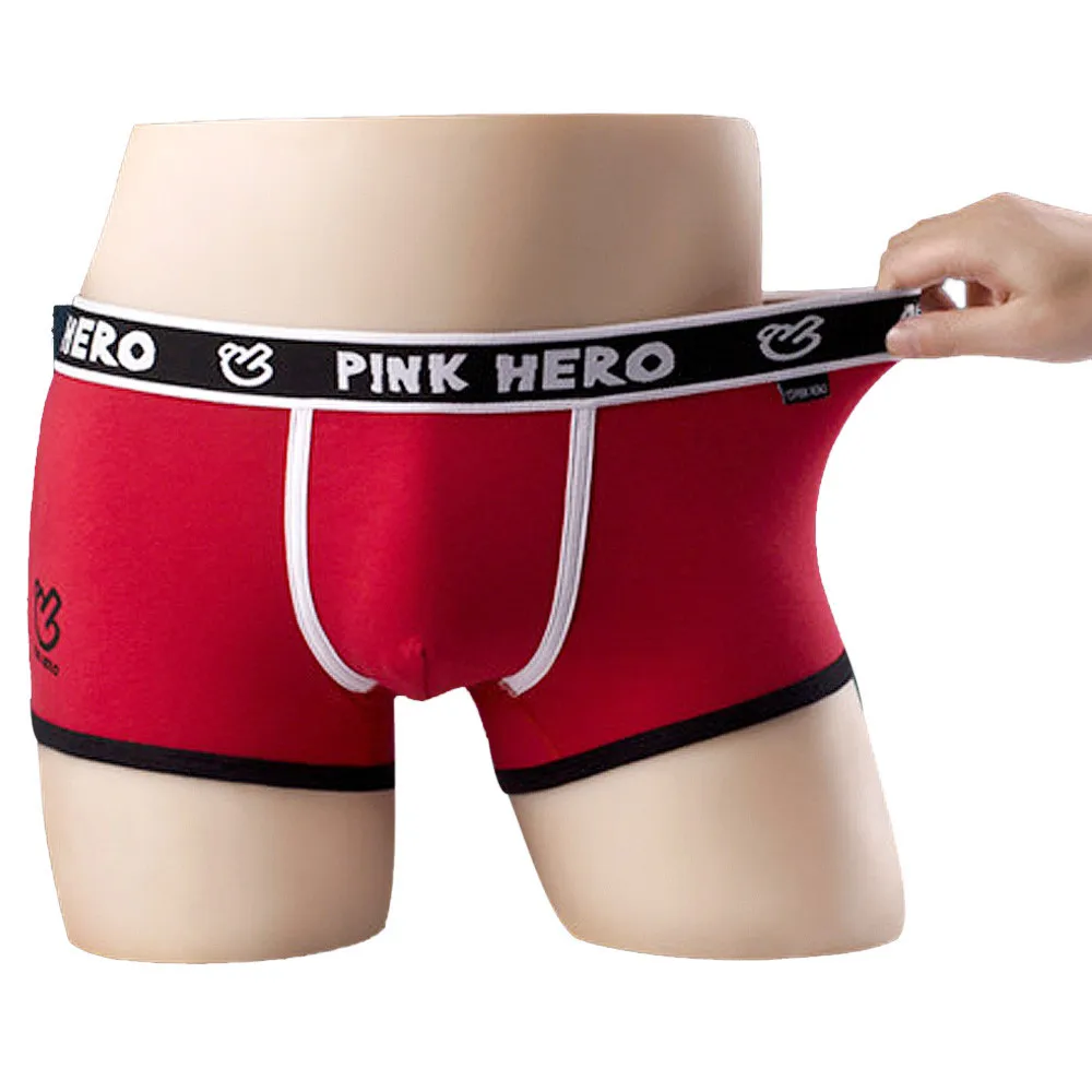 Red PINK HEROES Mens Underwear Boxer Sexy Underpants Cotton Bulge Pouch Solid Splicing Boxershorts Underpants Mens Underwear Boxers - Цвет: Red