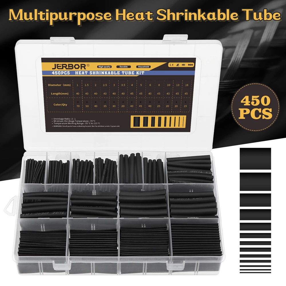 450pcs Black Assorted Polyolefin Heat Shrinkable Tubing Hollow Tube Sleeves Wrap Wire Set   Non-slip Heat Shrink Tube