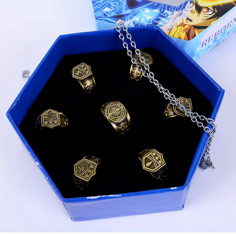 Anime katekyo hitman renascer sawada tsunayoshi anéis de cosplay com caixa vongola anéis do vintage figura ação cosplay jóias presente