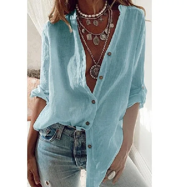S-5XL Oversized Autumn Cotton Linen Shirt Fashion Button Up Women Shirts White Casual Loose Tops Solid Rollable Sleeve Top Blusa