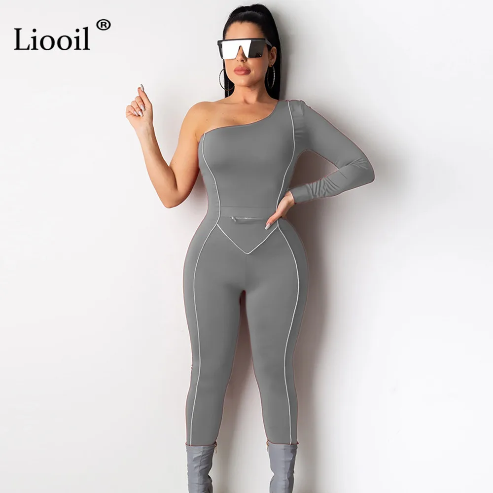 Liooil, на одно плечо, сексуальный, цельный, в полоску, Облегающий комбинезон, для женщин, Клубная одежда, с длинным рукавом, облегающие, вечерние, комбинезоны, женский комбинезон - Цвет: Серый