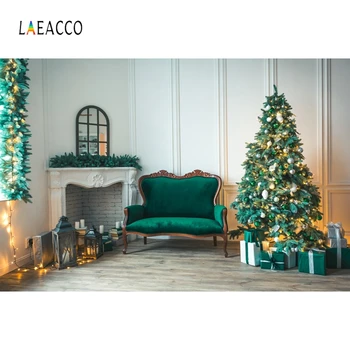 

Laeacco White Chic Wall Fireplace Sofa Christmas Tree Gifts Light Photography Backgrounds Backdrops Home Decor Photophone Props