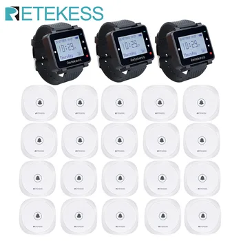 

Retekess T128 Restaurant Pager Wireless Waiter Calling System 3 Watch Receiver + 20pcs TD017 Call Button For Cafe Bar Clinic