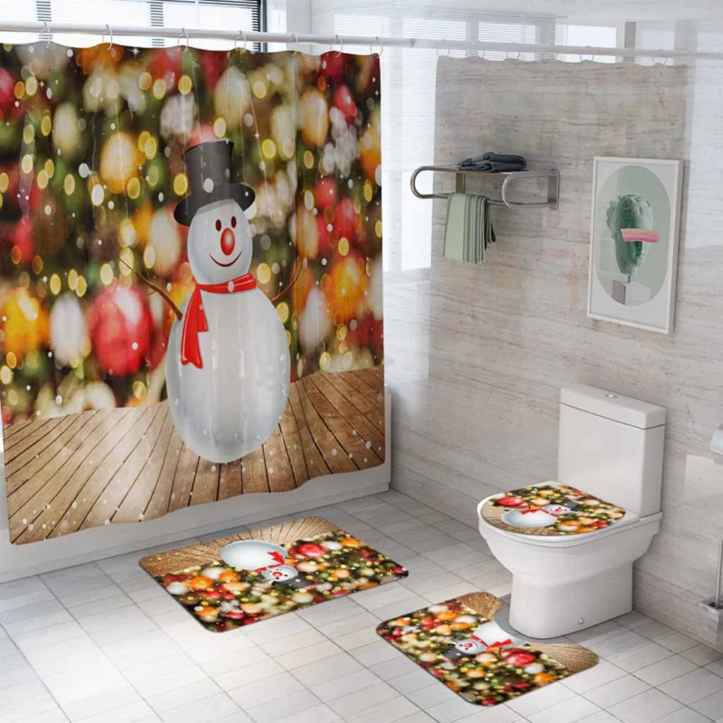 Рождественский снеговик с принтом, коврик для ванной комнаты и занавеска для душа, набор из четырех предметов, покрывало для туалета, коврик для ванной, набор для декора ванной комнаты - Цвет: B 4pc