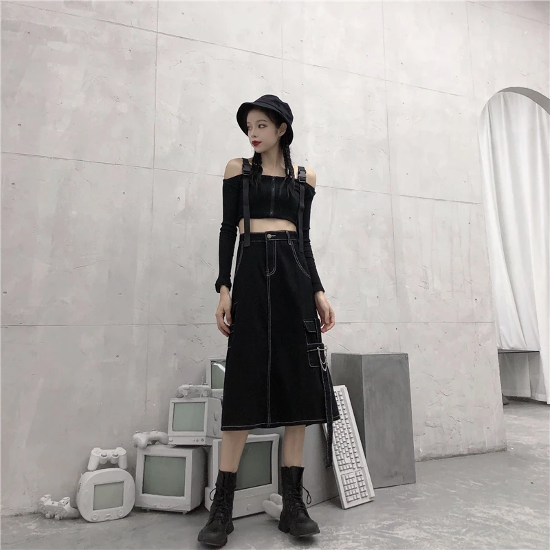 Ulzzang винтажная джинсовая юбка Харадзюку с высокой талией и карманом, Женская рабочая стильная модная уличная Красивая узкая черная юбка