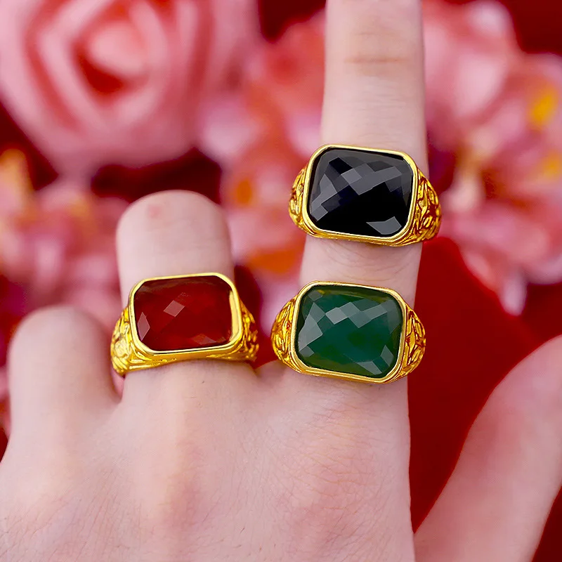 Moda de luxo 14k anel de ouro para homens casamento noivado jóias com grande pedra preciosa verde esmeralda anel vermelho jade pedra presentes masculinos