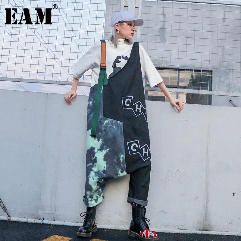

[EAM] High Waist Letter Printed Long Denim Overalls Trousers New Loose Fit Pants Women Fashion Tide Spring Autumn 2019 1D795