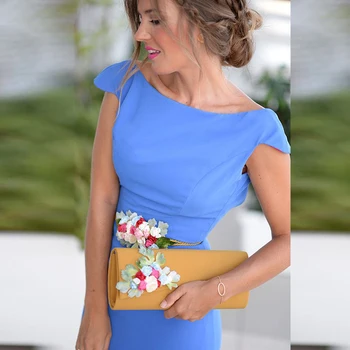 

Elegant Blue Bateau Mermaid Prom Dresses Back Split Backless Formal Evening Dresses With Flower Sashes Contrast Color Lining