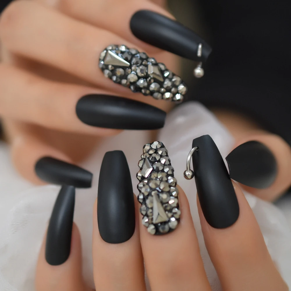 Dark Silver Strass Fake Nails Studs Extra Long Horse Shoe Metal Coffin Faux Ongles With Decorative Stones Frosted Maniture Tips False Nails Aliexpress