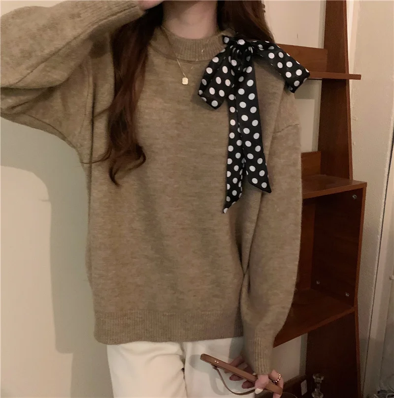 Женский свободный шелковый шарф на шнуровке осенне-зимний уличный свитер в