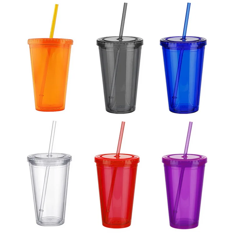 

500ml Travel Mug With Straw Reusable Smoothie Plastic Iced Tumbler Double-walled Ice Cold Drink Coffee Juice Tea Cup