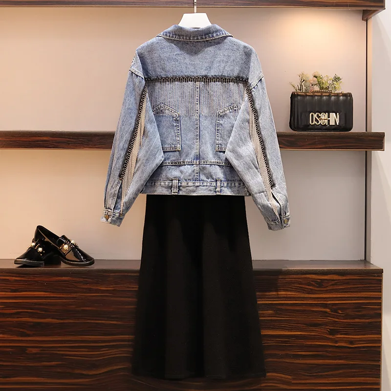 

2020 Spring New Style Online Celebrity Slimming Chain Decoration Mid-length Jeans Coat + Jersey Dress Two-Piece Set
