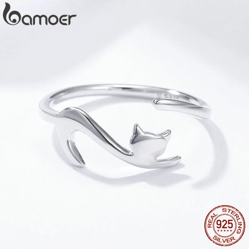 

BAMOER Lazy Kitty Cat Adjustable Finger Ring Authentic 925 Sterling Silver Cat Tail Fashion Ring Fine Jewelry GXR220