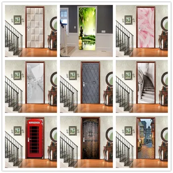 

Creative Art Poster For Door Vinyl Waterproof Natural Scenery Modern Marble Retro Wooden Door Sticker For Home Renovation Decor