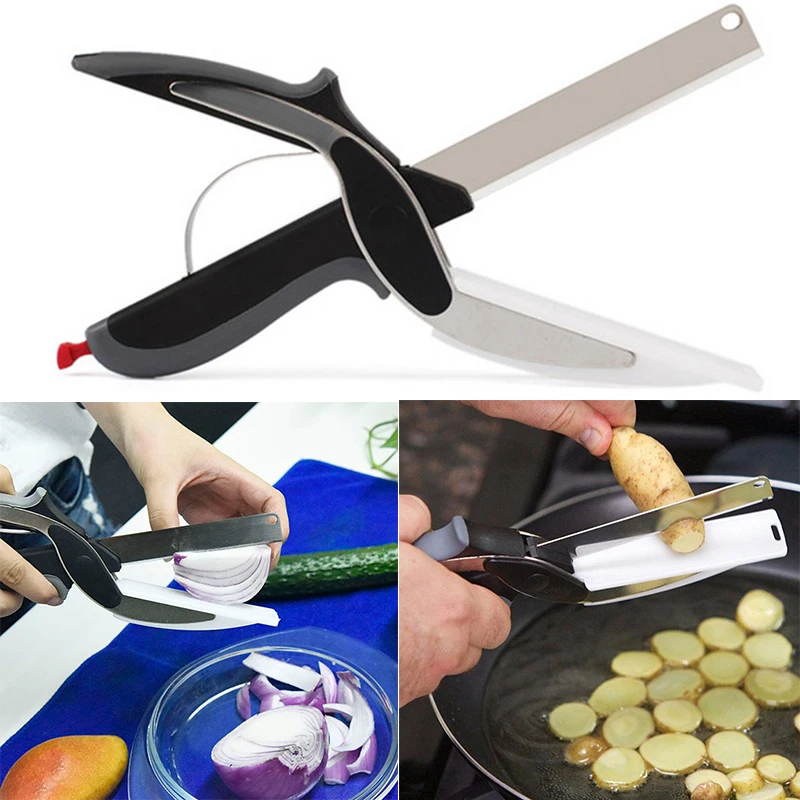 

2019 New Multi-Function Smart Clever Cutter Scissor 2 in 1 Cutting Board Utility Cutter Stainless Steel Vegetable Knife