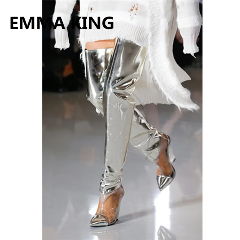 Прозрачные женские Сапоги выше колена из ПВХ пикантные женские сапоги на высоком каблуке с острым носком без застежки модельные сапоги женская обувь для бега - Цвет: silver