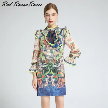 

Red RoosaRosee Designer Women Fashion Stand Collar Full Flare Sleeve Ruffles Knee Length Dress