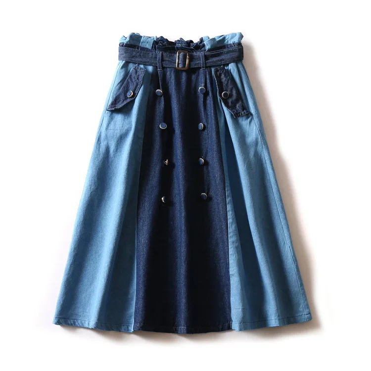 

Spring Summer New Style Korean-style Belt Elastic High-waisted Slimming Women's Joint Double Breasted Mid-length Skirt S26458