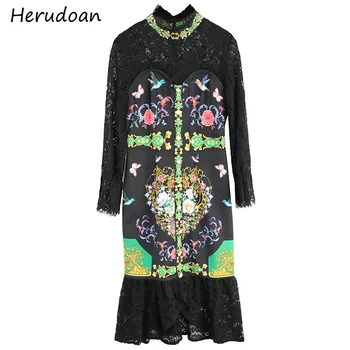 

Herudoan Fashion Runway 2020 Summer Dress Women Stand collar Single Breasted Beading Animal Flower Print Ladies Lace Short Dress