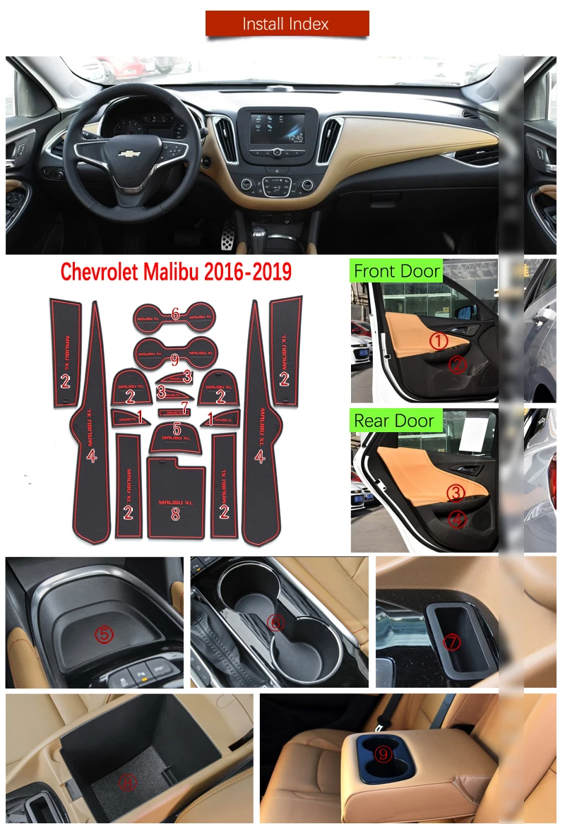 

Door Groove Mat For Chevrolet Malibu 2016 2017 2018 2019 9th Gen MK9 Chevy Accessories Anti-Slip Mat Gate Slot Coaster Car