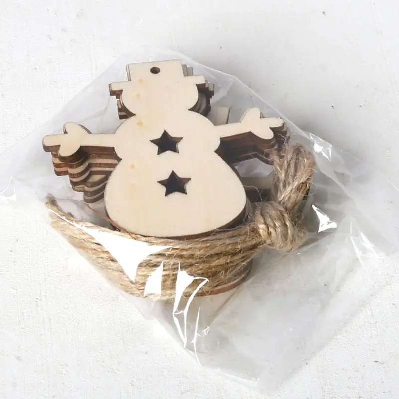 10pcs/set Christmas Snowman DIY Wooden Pendant Hanging with Linen Ropes DIY Ornament Crafts Party Home Decor 634E