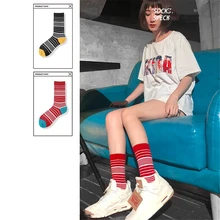 Женские хлопковые полосатые носки на осень и зиму, Harajuku, модные уличные носки для скейтборда, сшитые цветные носки с мультяшным принтом happy crew