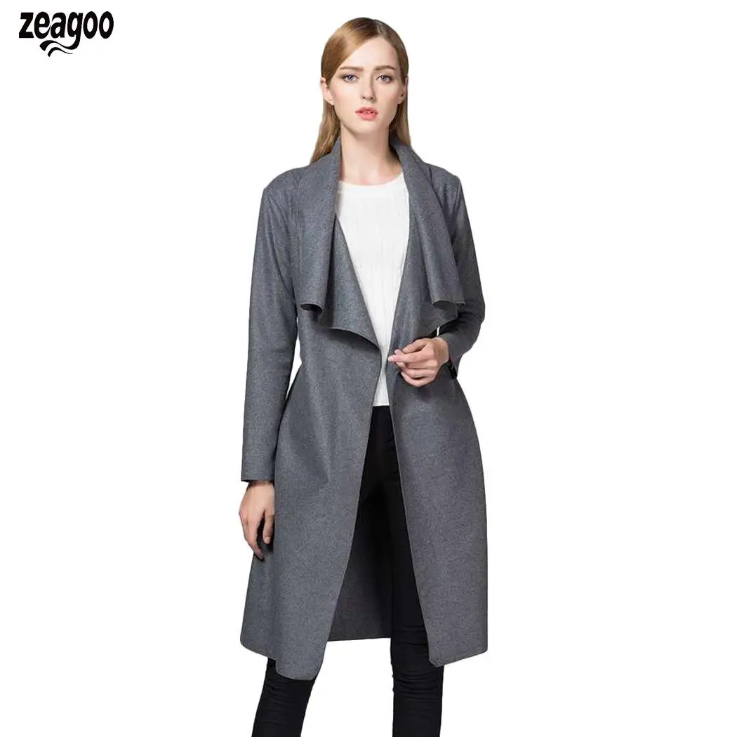 New Fashion Women Casual Turn-down Collar Solid Windbreaker with Belt Asymmetrical Hem Design, Front Open