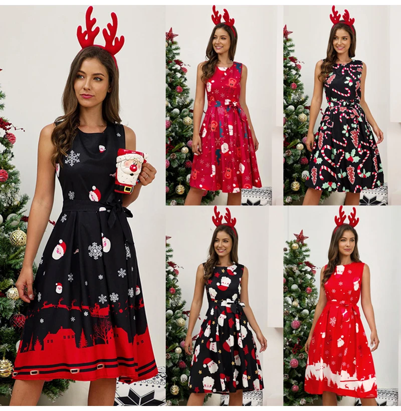 Рождественское платье без рукавов с принтом, женское винтажное платье с цветочным рисунком, ТРАПЕЦИЕВИДНОЕ вечернее платье размера плюс, платье миди, модное платье