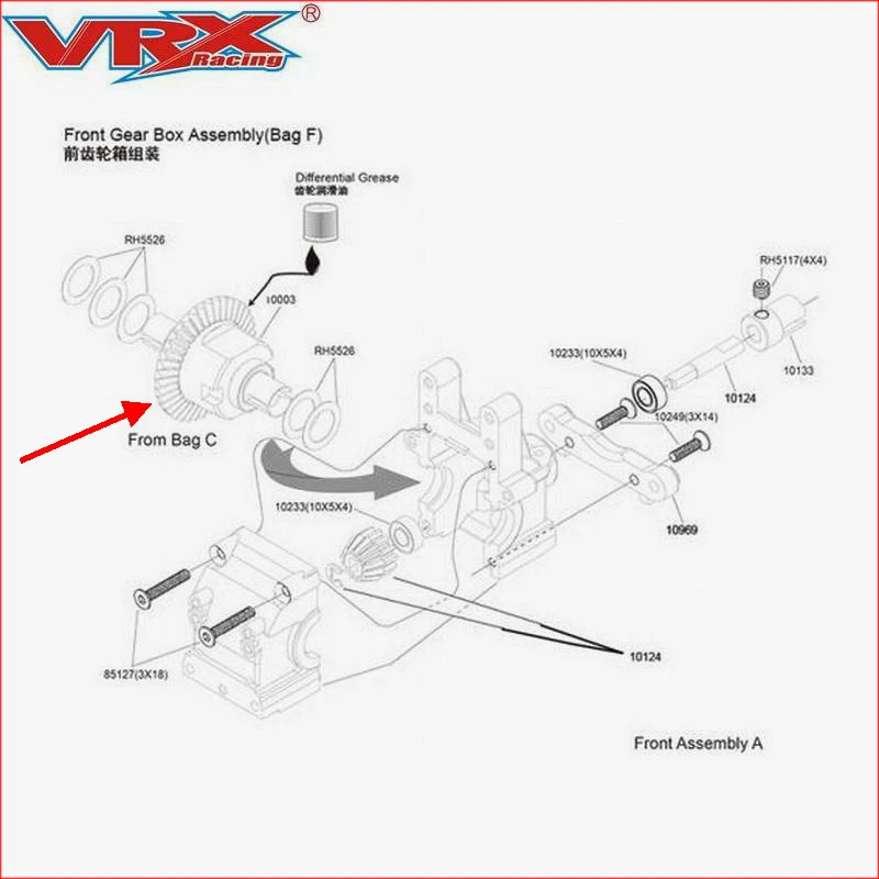 Ensemble différentiel VRX Racing assemblé, prêt à être installé sur le châssis d'une voiture RC 1/10 4WD.
