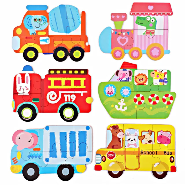 6 Piece/box Large Size Wooden Puzzles Baby Animal and Traffic Vehicle Matching Jigsaw Puzzle Children Learning Educational Toys 4
