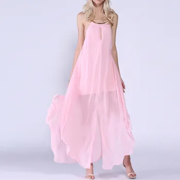 

Pink Chiffon Lace Up Halter Summer Dress Women Sexy Backless Split Sleeveless A-Line Long Dresses 2020 Beach Party Vestidos