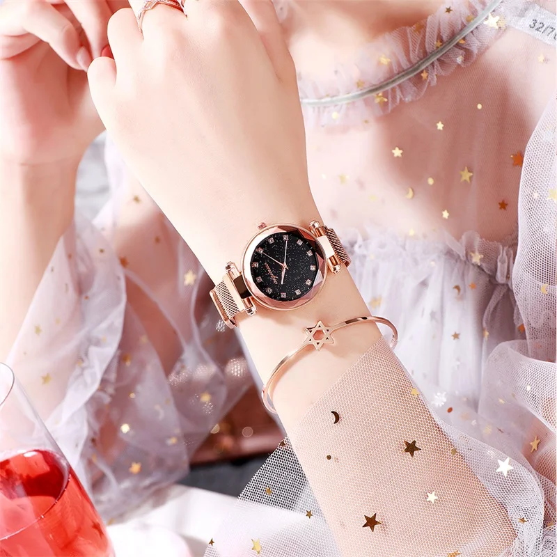 

Fashion Women Quartz Watches Casual Magnet Stainless Steel Dress Wrist Watch Simple Sun Pattern Female Watch for Students