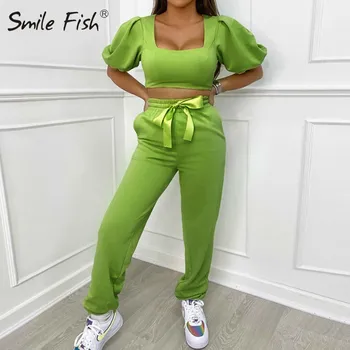 

Square Neck Fashion Two Pieces Women's Sets Kawaii Pull Sleeve Crop Tops Silk Ribbon Bow Harem Pants Casual New Tracksuits G1872