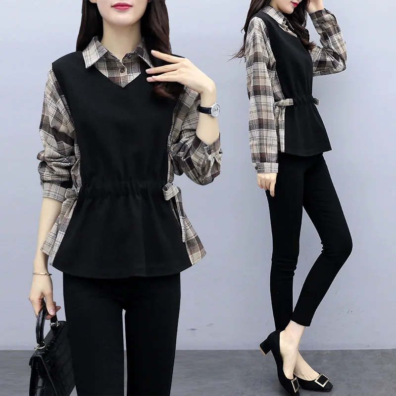 

2020 Spring Clothing New Style Large Size Dress Plaid Stitching Waist Hugging Slimming Mock Two-Piece Tops Skinny Pants Two-Piec