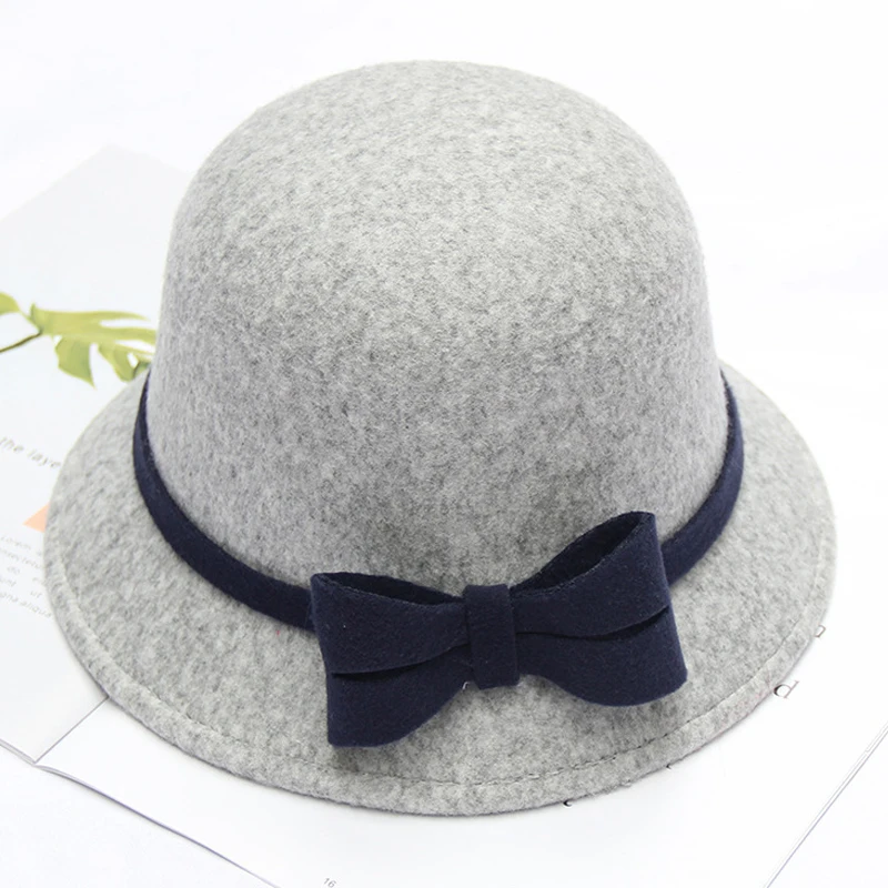 FS элегантная женская шляпа-Клош, Зимняя шерстяная фетровая шляпа, женские вечерние шляпы, модные осенние шапочки с бантом, регулируемый размер - Цвет: Gray-2