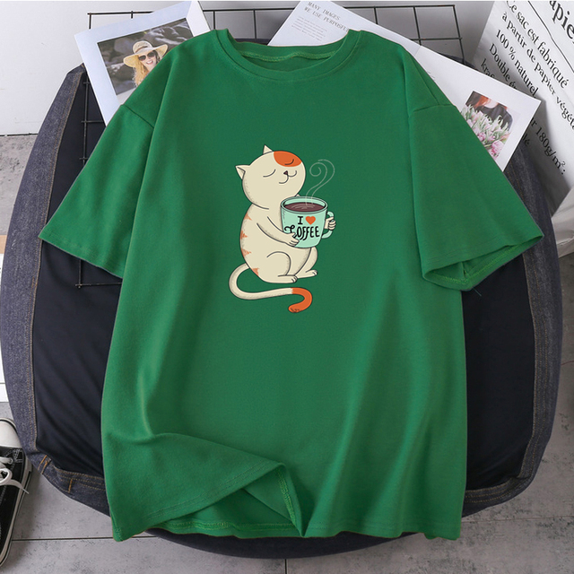 Love Cat Print O-neck 2021 T-shirts Woman Hip Hop Streetwear Tops Fashion High Quality Clothing Short Sleeve Tees K-pop Female