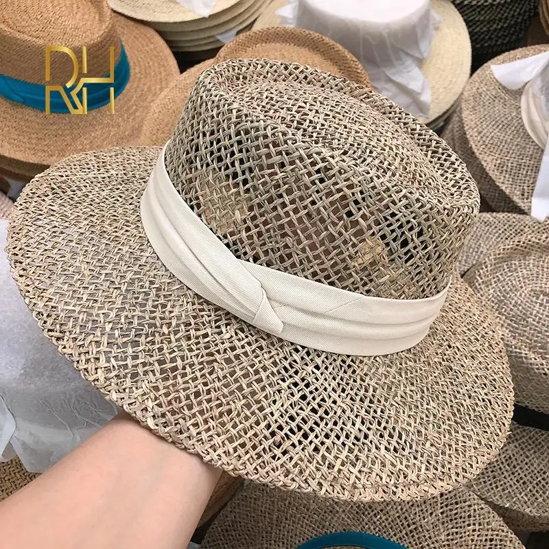 Travel Natural seagrass hollow flat brim hat ladies summer porkpie concave round sun hat beach straw with ribbon beach hat,women sun hat