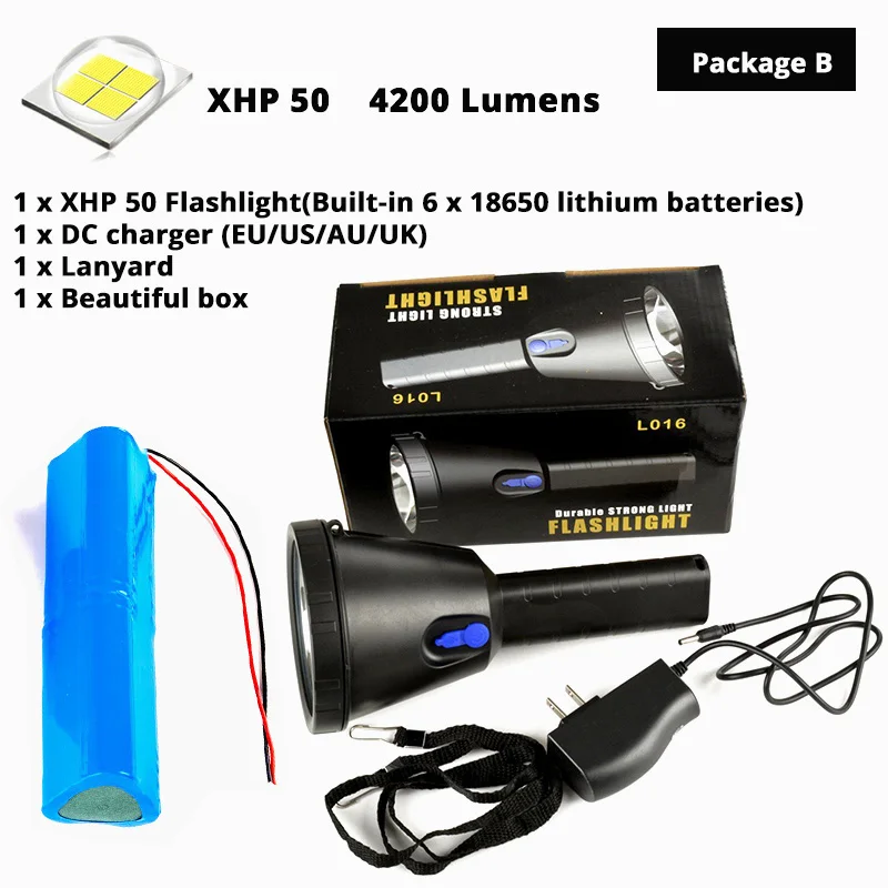 Супер яркий XHP50 светодиодный вспышка светильник 3 светильник режим Перезаряжаемые поиск светильник Водонепроницаемый кемпинга Рыбная ловля приключения на открытом воздухе светильник Инж - Испускаемый цвет: Package B