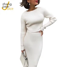 Women Sweater Two Piece Knitted Skirt Sets Slim Tracksuit Fashion Casual Pullovers Sweater Bodycon White Skirt Suit Female