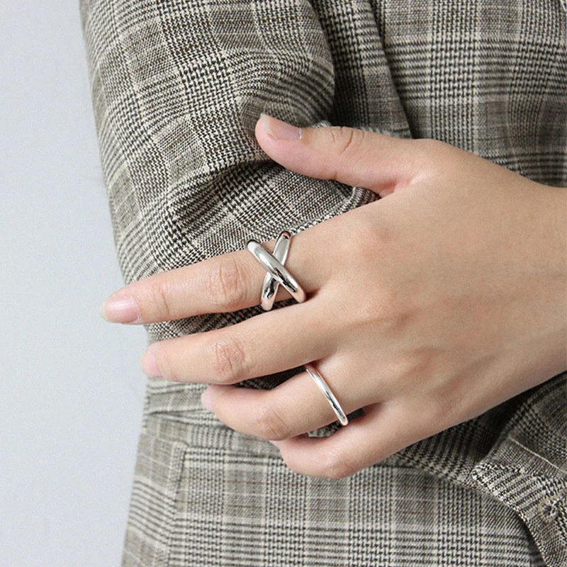 Bohemian Vintage 100% 925 Sterling Silver Geometric Simple Personality Cross X-Shaped Opening Women Wedding Trendy Ring